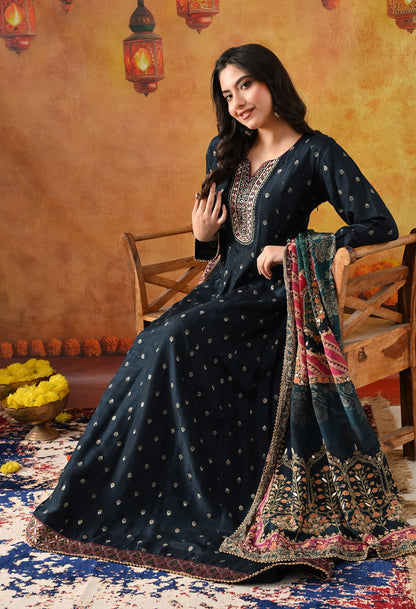 Navy Blue Silk Anarkali with intricate gotta, zardozi, thread, and sequin work, paired with a matching crepe dupatta