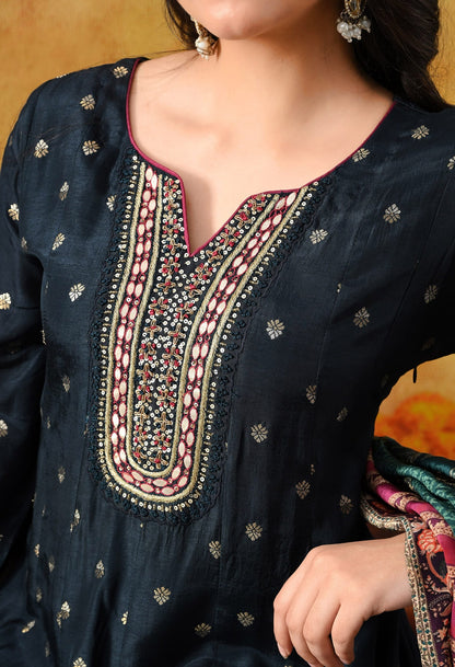 Navy Blue Silk Anarkali with intricate gotta, zardozi, thread, and sequin work, paired with a matching crepe dupatta