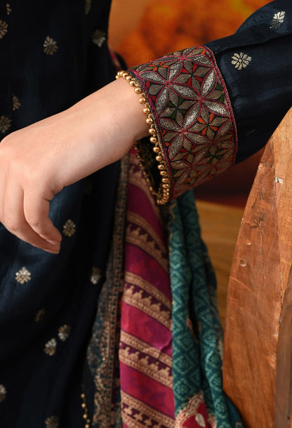 Navy Blue Silk Anarkali with intricate gotta, zardozi, thread, and sequin work, paired with a matching crepe dupatta