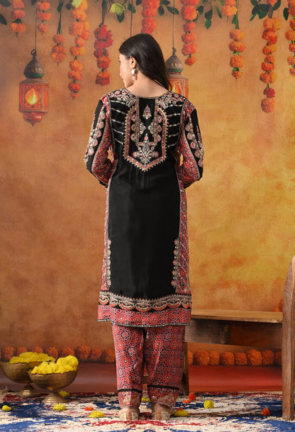 Black Chinon Kurta Set with intricate zardozi, thread, pearl, and sequin work, paired with a pink printed dupatta and matching salwar