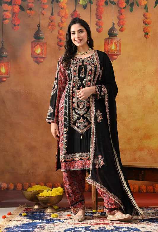 Black Chinon Kurta Set with intricate zardozi, thread, pearl, and sequin work, paired with a pink printed dupatta and matching salwar