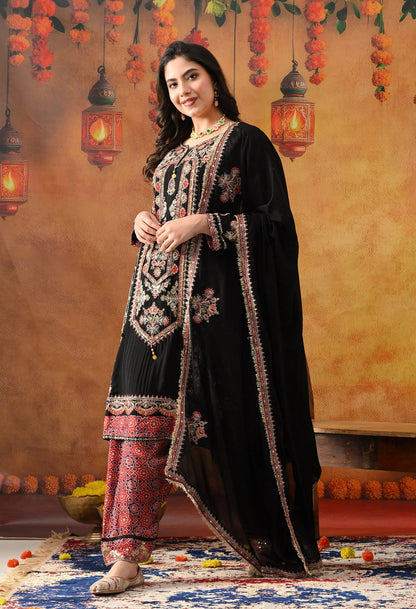 Black Chinon Kurta Set with intricate zardozi, thread, pearl, and sequin work, paired with a pink printed dupatta and matching salwar