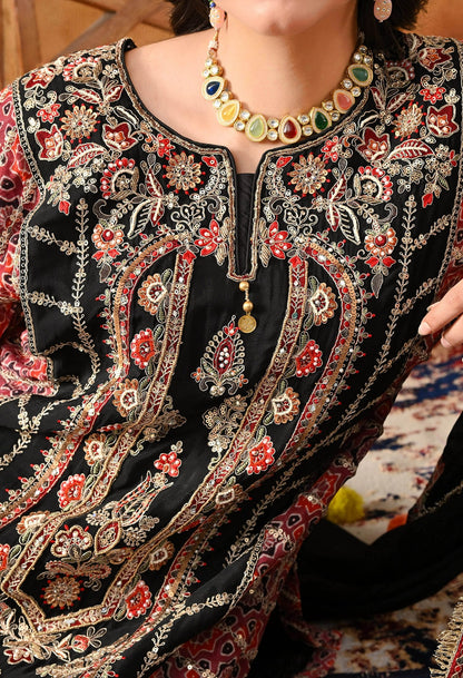 Black Chinon Kurta Set with intricate zardozi, thread, pearl, and sequin work, paired with a pink printed dupatta and matching salwar