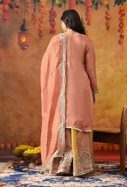Creamy Peach Tissue Crepe Sharara Set with intricate gotta, zardozi, applique, and thread work, paired with a multicolour sharara and matching dupatta