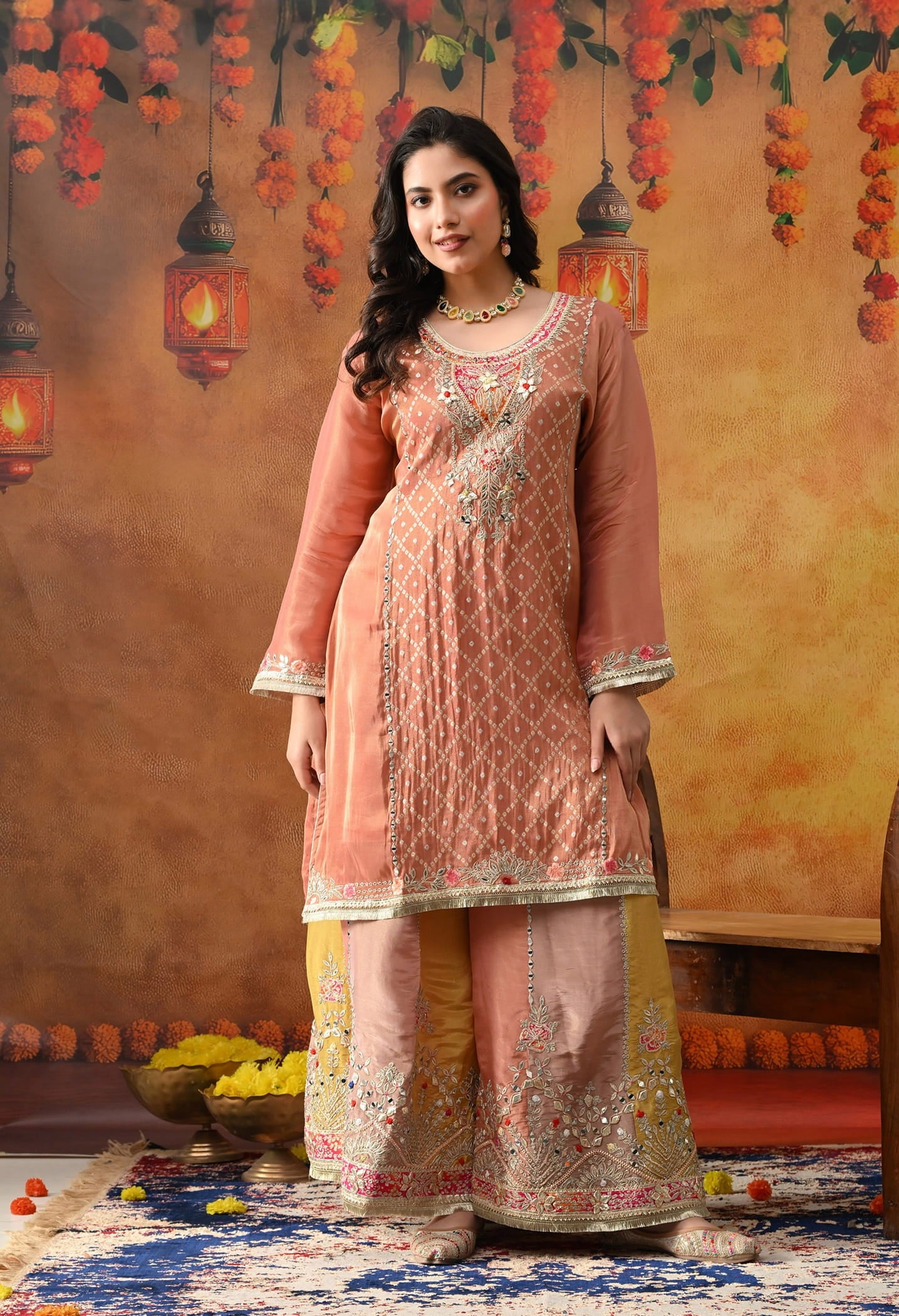 Creamy Peach Tissue Crepe Sharara Set with intricate gotta, zardozi, applique, and thread work, paired with a multicolour sharara and matching dupatta