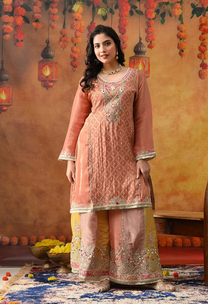 Creamy Peach Tissue Crepe Sharara Set with intricate gotta, zardozi, applique, and thread work, paired with a multicolour sharara and matching dupatta
