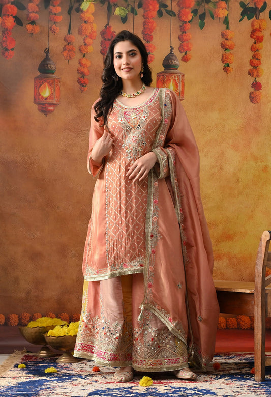 Creamy Peach Tissue Crepe Sharara Set with intricate gotta, zardozi, applique, and thread work, paired with a multicolour sharara and matching dupatta