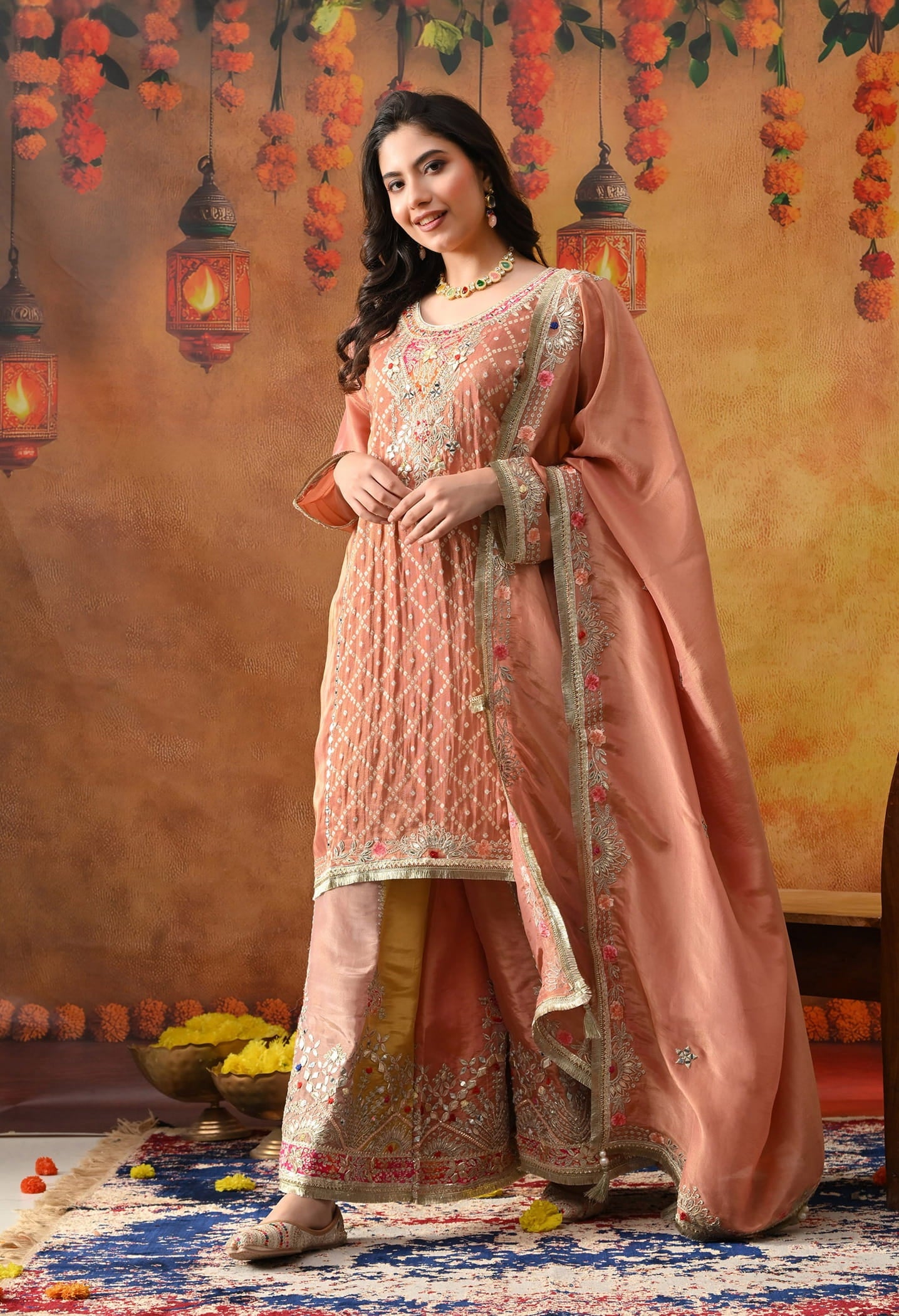Creamy Peach Tissue Crepe Sharara Set with intricate gotta, zardozi, applique, and thread work, paired with a multicolour sharara and matching dupatta