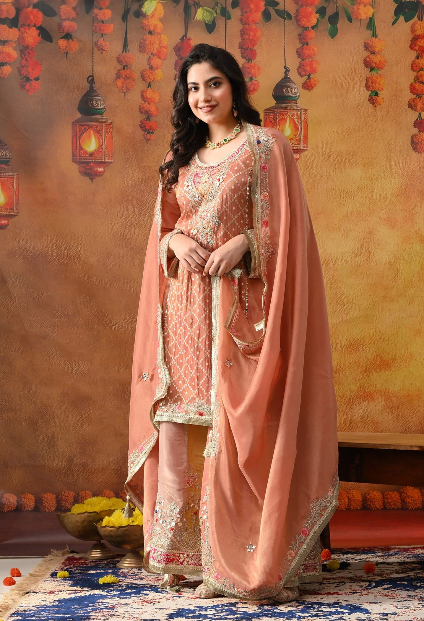 Creamy Peach Tissue Crepe Sharara Set with intricate gotta, zardozi, applique, and thread work, paired with a multicolour sharara and matching dupatta