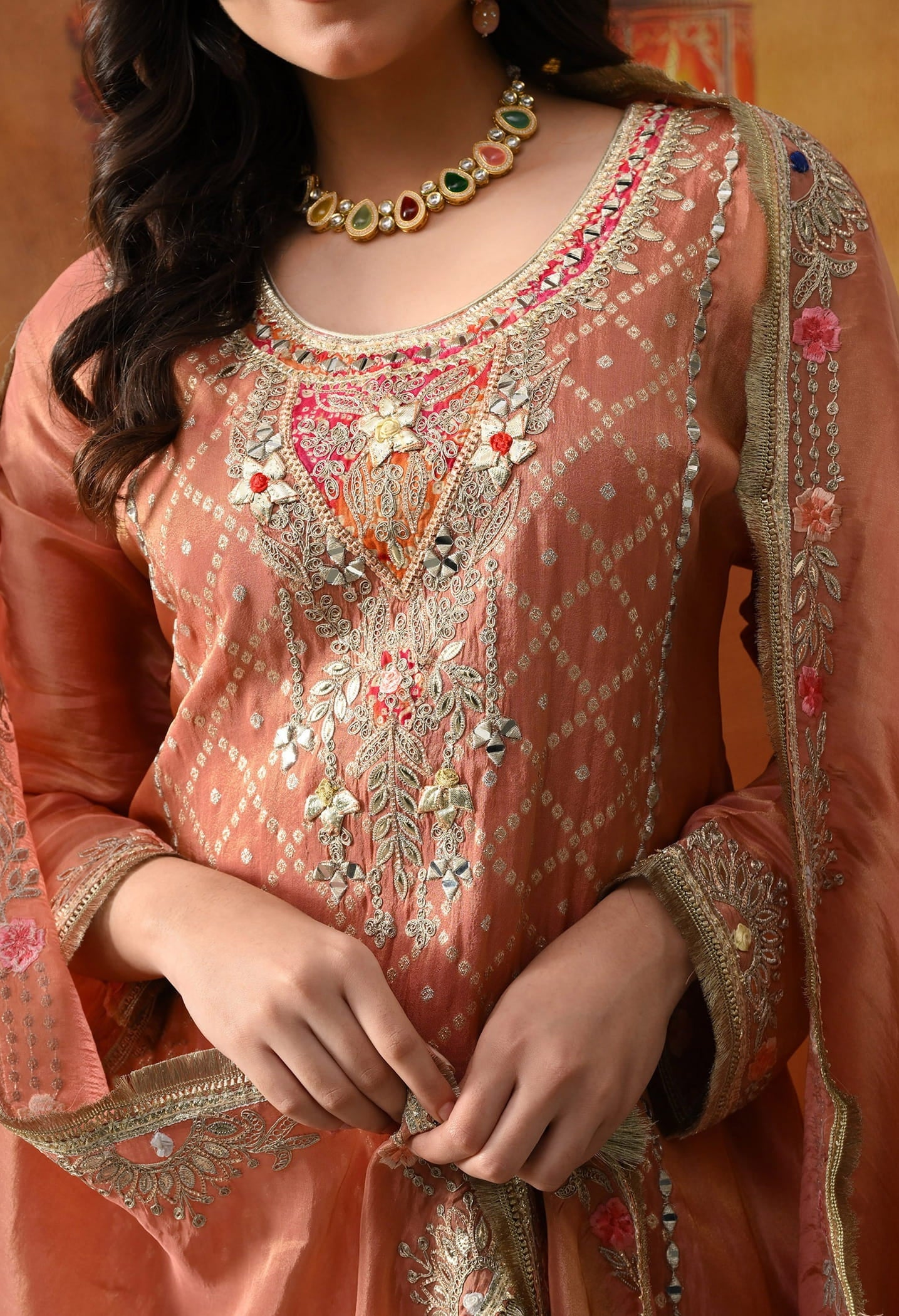 Creamy Peach Tissue Crepe Sharara Set with intricate gotta, zardozi, applique, and thread work, paired with a multicolour sharara and matching dupatta