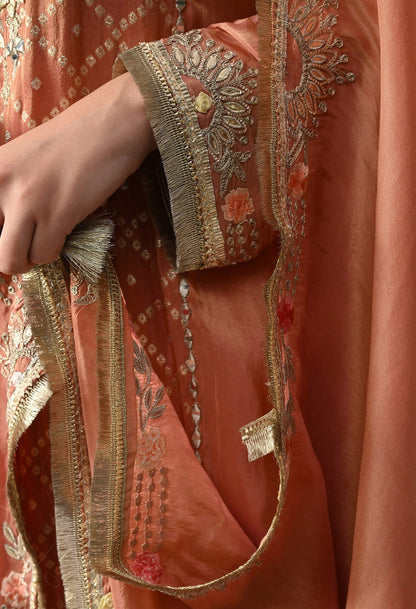 Creamy Peach Tissue Crepe Sharara Set with intricate gotta, zardozi, applique, and thread work, paired with a multicolour sharara and matching dupatta