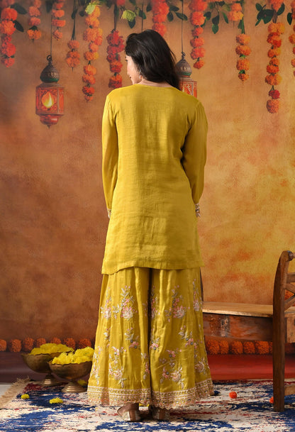 Greenish Yellow Tissue Organza Sharara Set with intricate thread, zardozi, crystal, mirror, and sequin work, paired with a matching dupatta