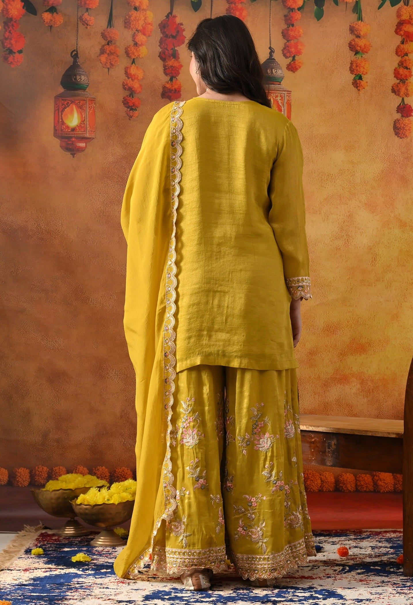 Greenish Yellow Tissue Organza Sharara Set with intricate thread, zardozi, crystal, mirror, and sequin work, paired with a matching dupatta