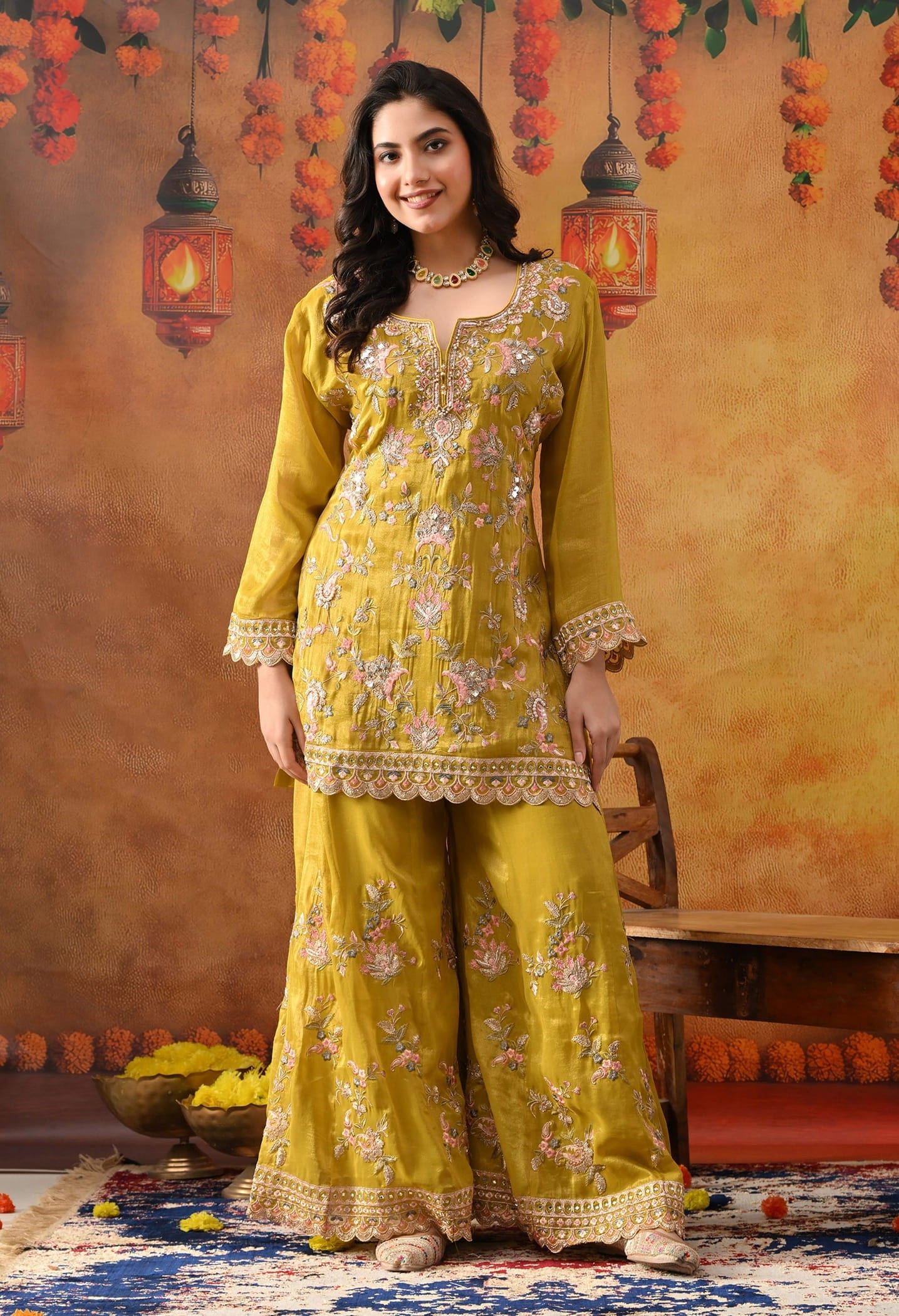 Greenish Yellow Tissue Organza Sharara Set with intricate thread, zardozi, crystal, mirror, and sequin work, paired with a matching dupatta