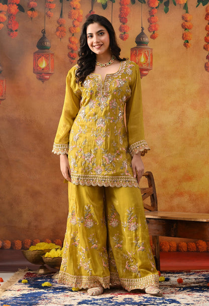 Greenish Yellow Tissue Organza Sharara Set with intricate thread, zardozi, crystal, mirror, and sequin work, paired with a matching dupatta