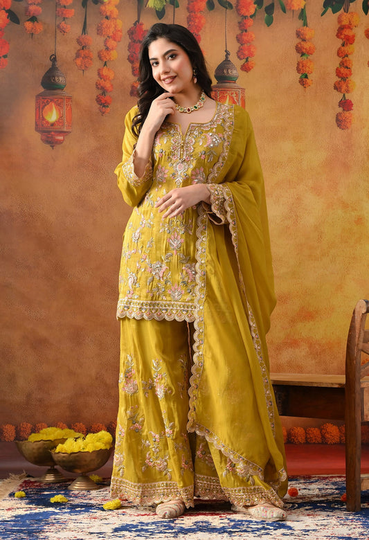 Greenish Yellow Tissue Organza Sharara Set with intricate thread, zardozi, crystal, mirror, and sequin work, paired with a matching dupatta