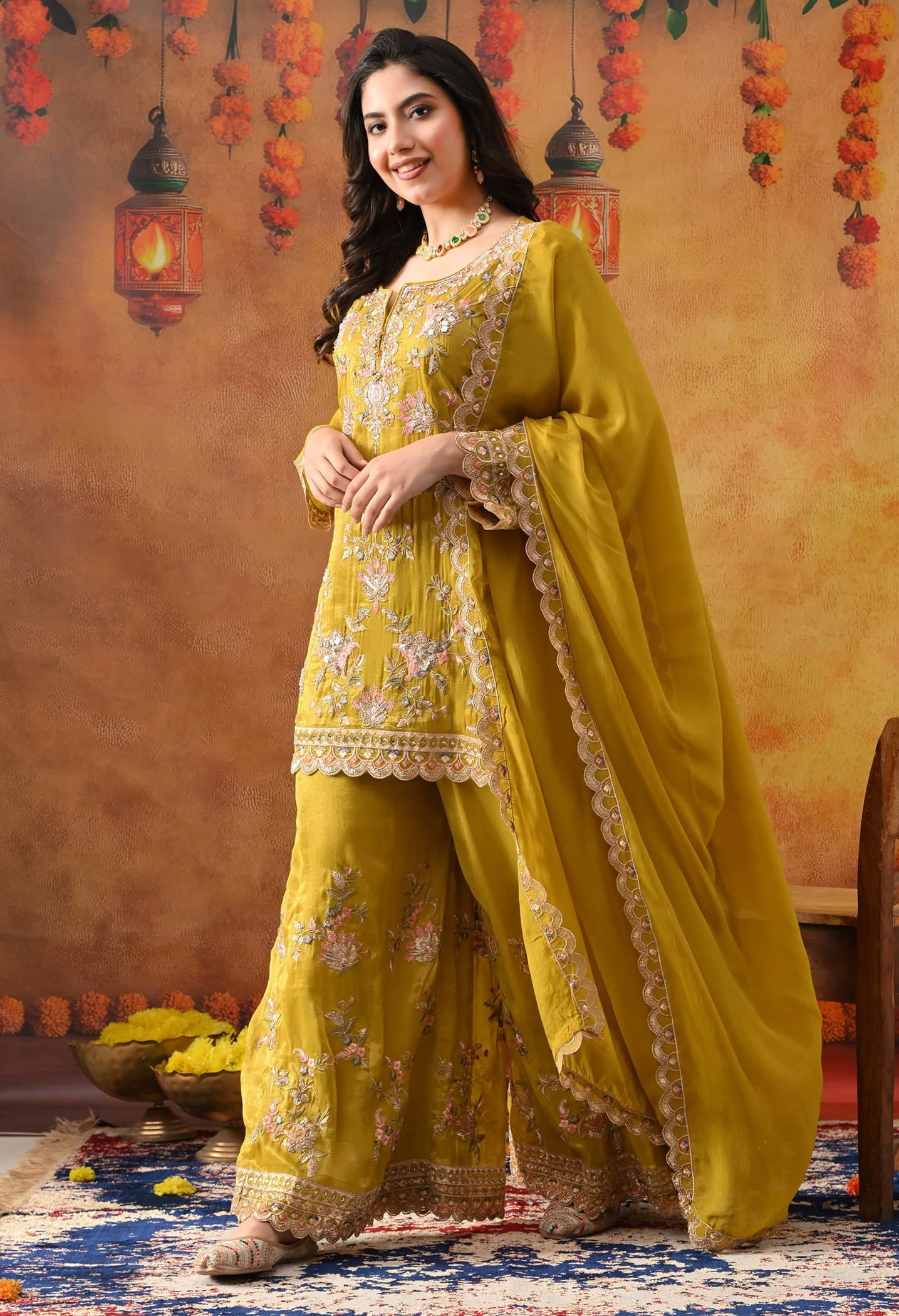 Greenish Yellow Tissue Organza Sharara Set with intricate thread, zardozi, crystal, mirror, and sequin work, paired with a matching dupatta