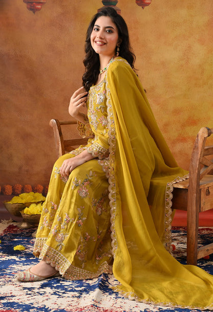 Greenish Yellow Tissue Organza Sharara Set with intricate thread, zardozi, crystal, mirror, and sequin work, paired with a matching dupatta