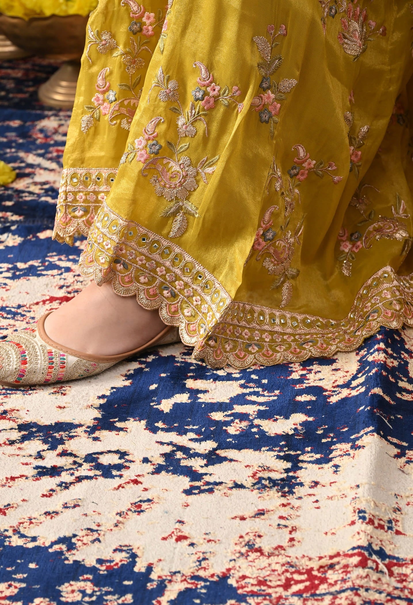 Greenish Yellow Tissue Organza Sharara Set with intricate thread, zardozi, crystal, mirror, and sequin work, paired with a matching dupatta