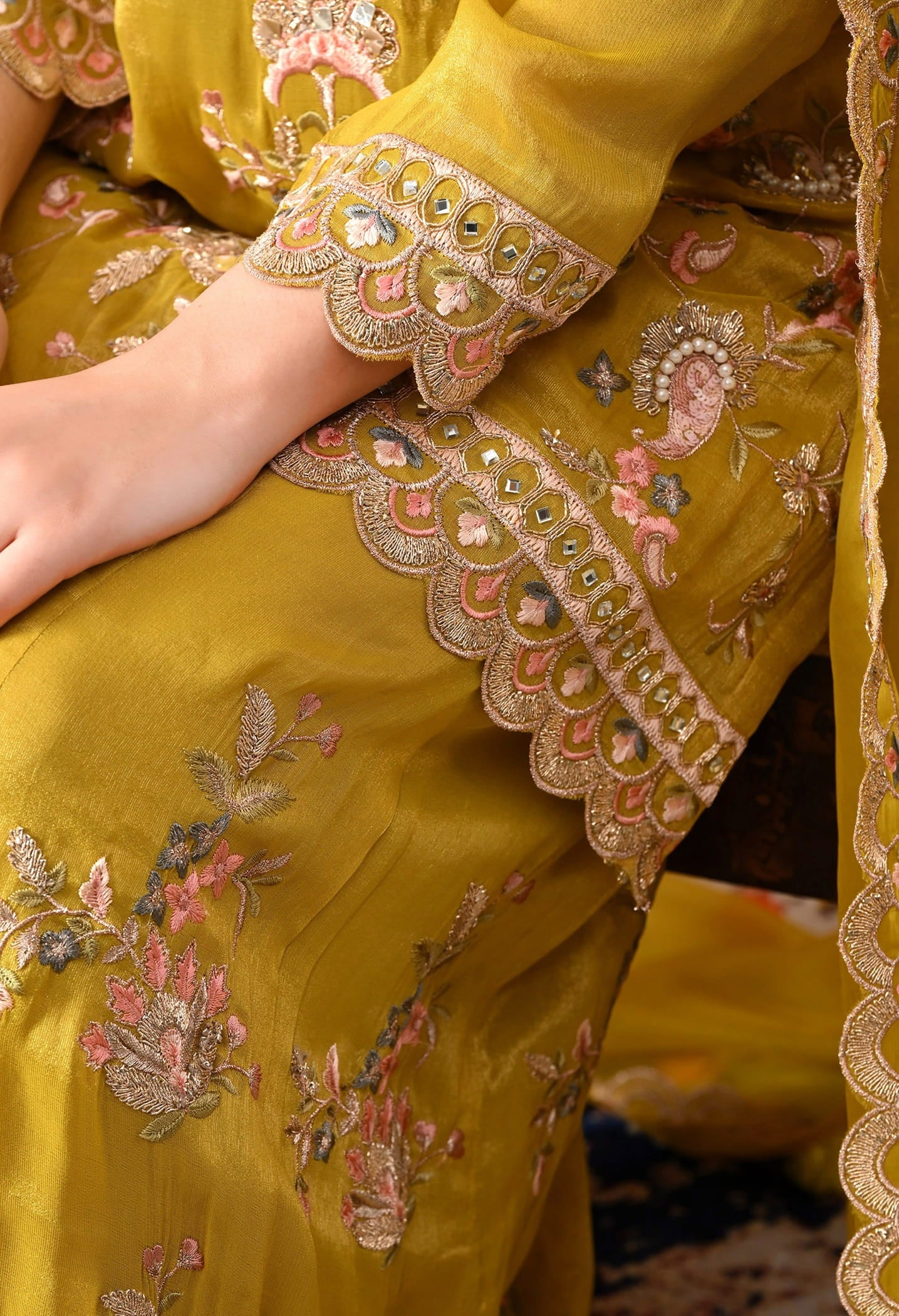 Greenish Yellow Tissue Organza Sharara Set with intricate thread, zardozi, crystal, mirror, and sequin work, paired with a matching dupatta