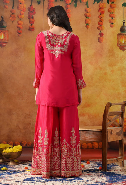 Hot Pink Chinon Sharara Set with intricate zardozi, sequin, and thread work, paired with a matching dupatta