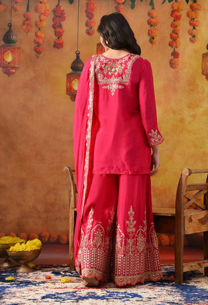 Hot Pink Chinon Sharara Set with intricate zardozi, sequin, and thread work, paired with a matching dupatta