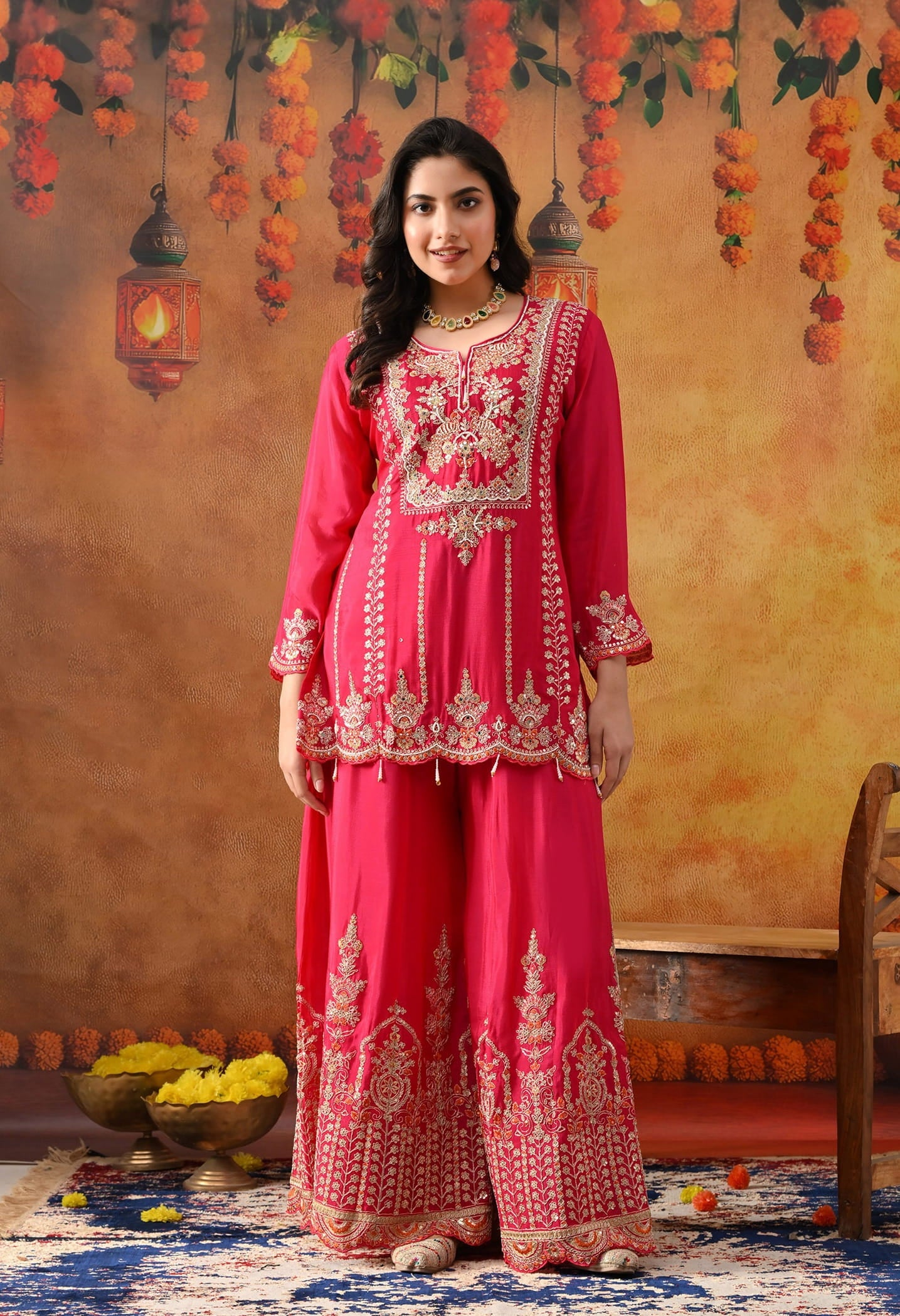 Hot Pink Chinon Sharara Set with intricate zardozi, sequin, and thread work, paired with a matching dupatta