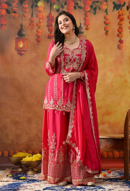 Hot Pink Chinon Sharara Set with intricate zardozi, sequin, and thread work, paired with a matching dupatta