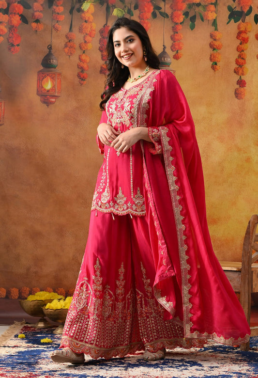 Hot Pink Chinon Sharara Set with intricate zardozi, sequin, and thread work, paired with a matching dupatta