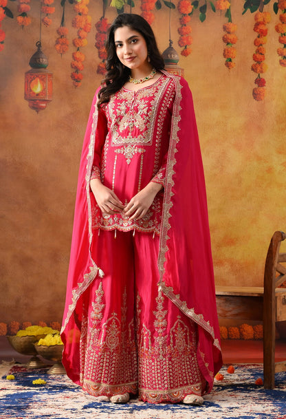 Hot Pink Chinon Sharara Set with intricate zardozi, sequin, and thread work, paired with a matching dupatta
