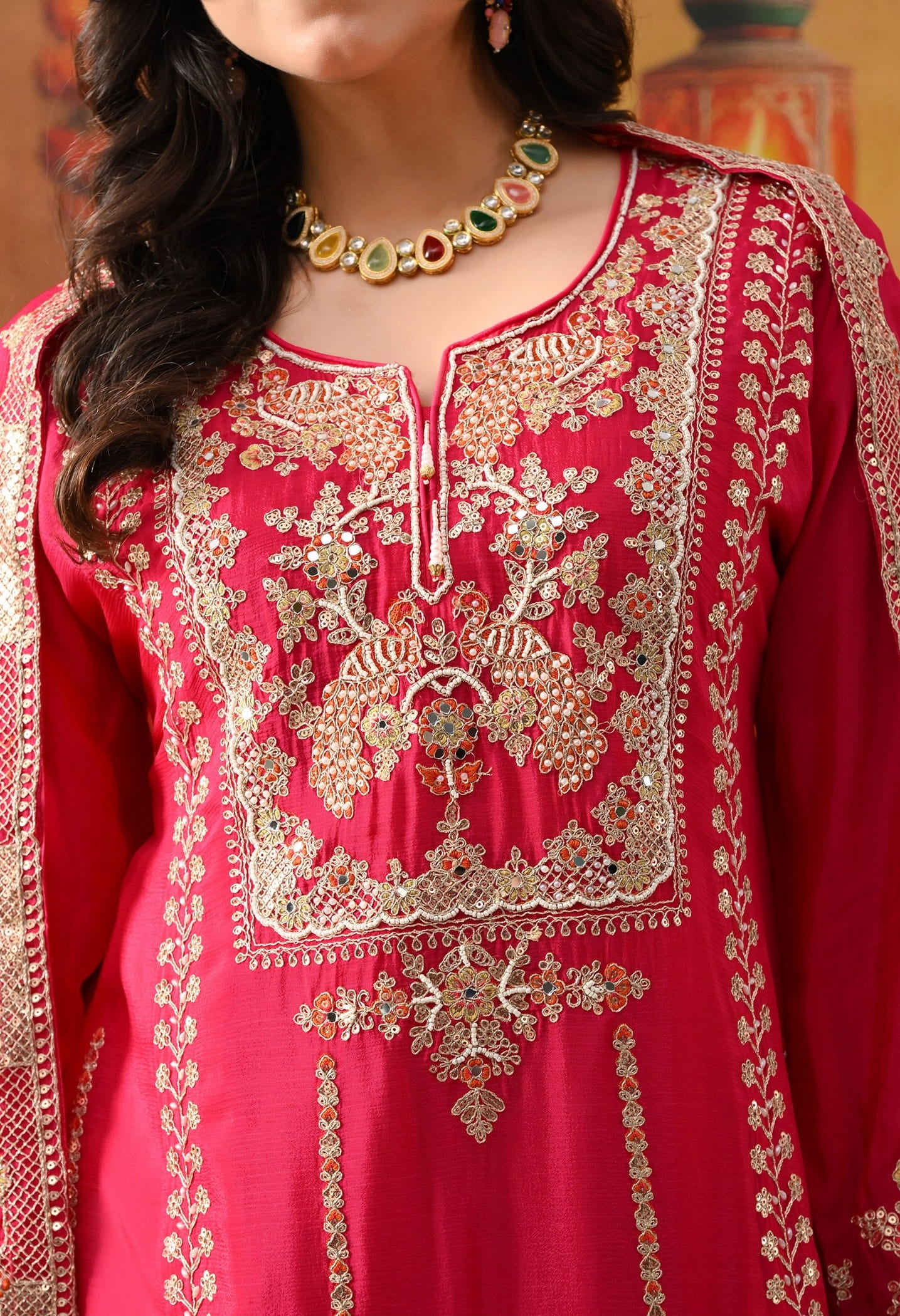 Hot Pink Chinon Sharara Set with intricate zardozi, sequin, and thread work, paired with a matching dupatta