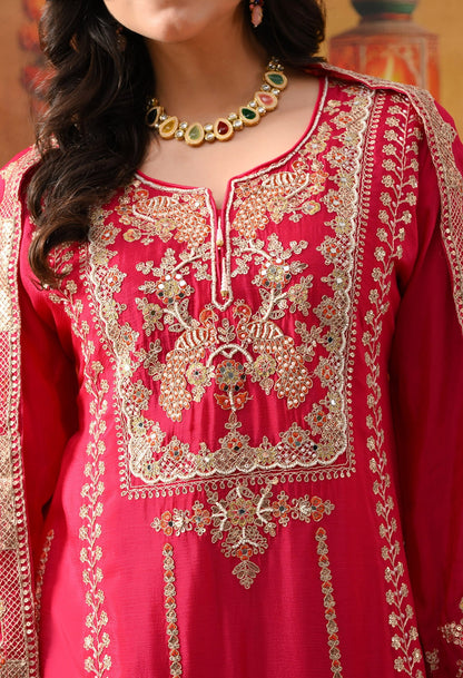 Hot Pink Chinon Sharara Set with intricate zardozi, sequin, and thread work, paired with a matching dupatta