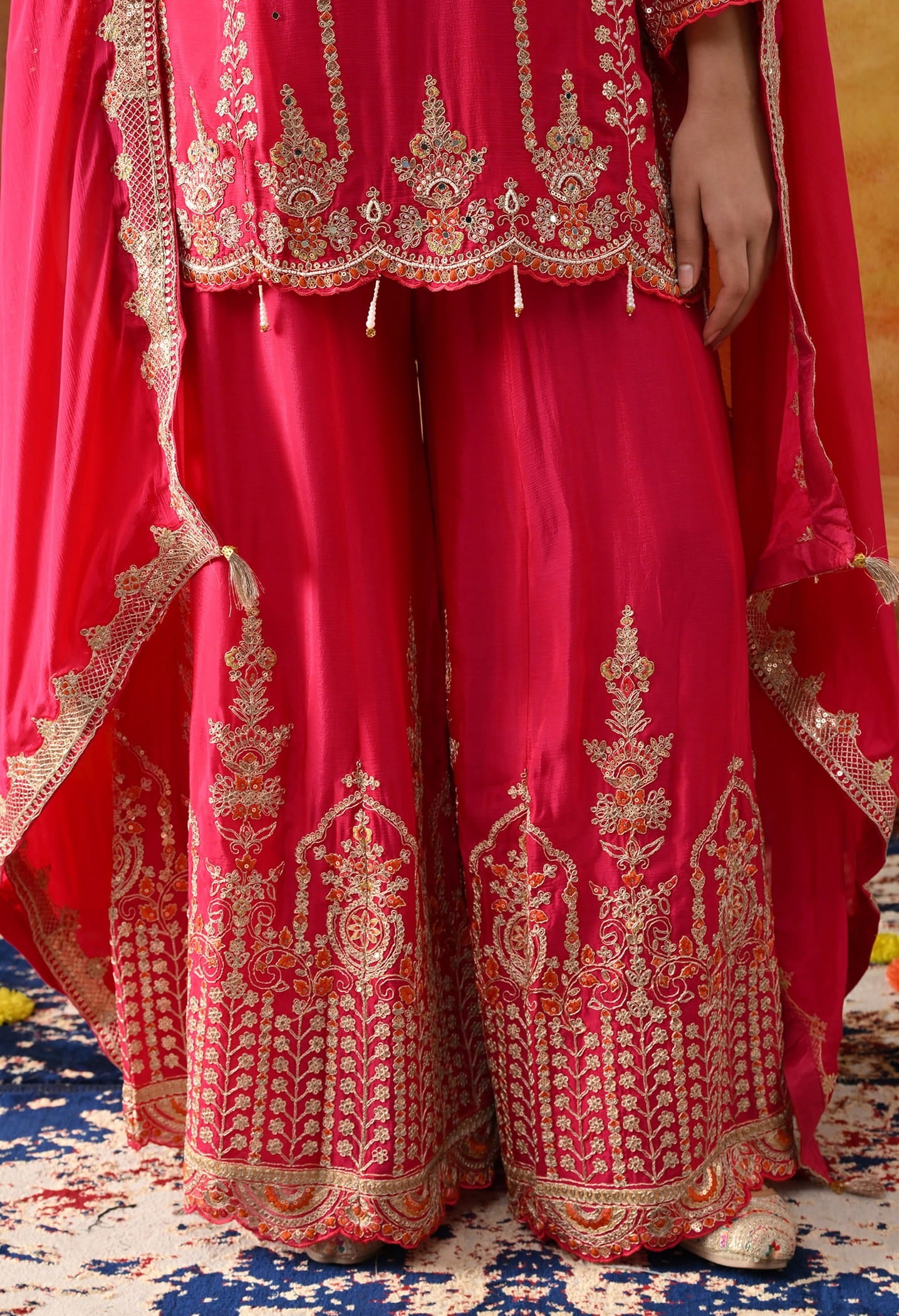 Hot Pink Chinon Sharara Set with intricate zardozi, sequin, and thread work, paired with a matching dupatta