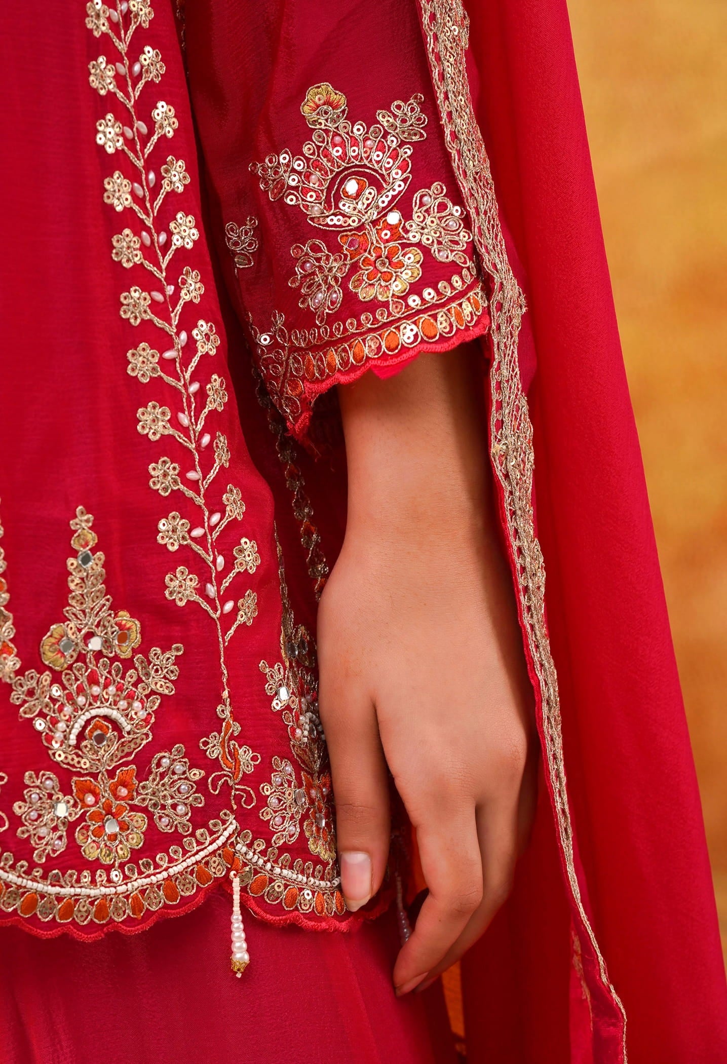 Hot Pink Chinon Sharara Set with intricate zardozi, sequin, and thread work, paired with a matching dupatta