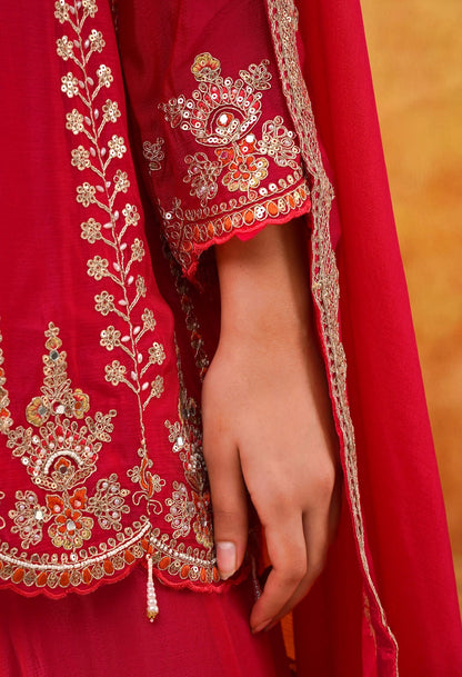 Hot Pink Chinon Sharara Set with intricate zardozi, sequin, and thread work, paired with a matching dupatta