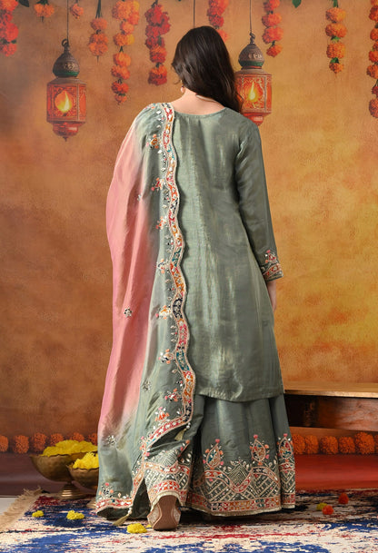 Mint Green Tissue Crepe Sharara Set with intricate gotta, zardozi, applique, thread, and mirror work, paired with a pink and green dupatta
