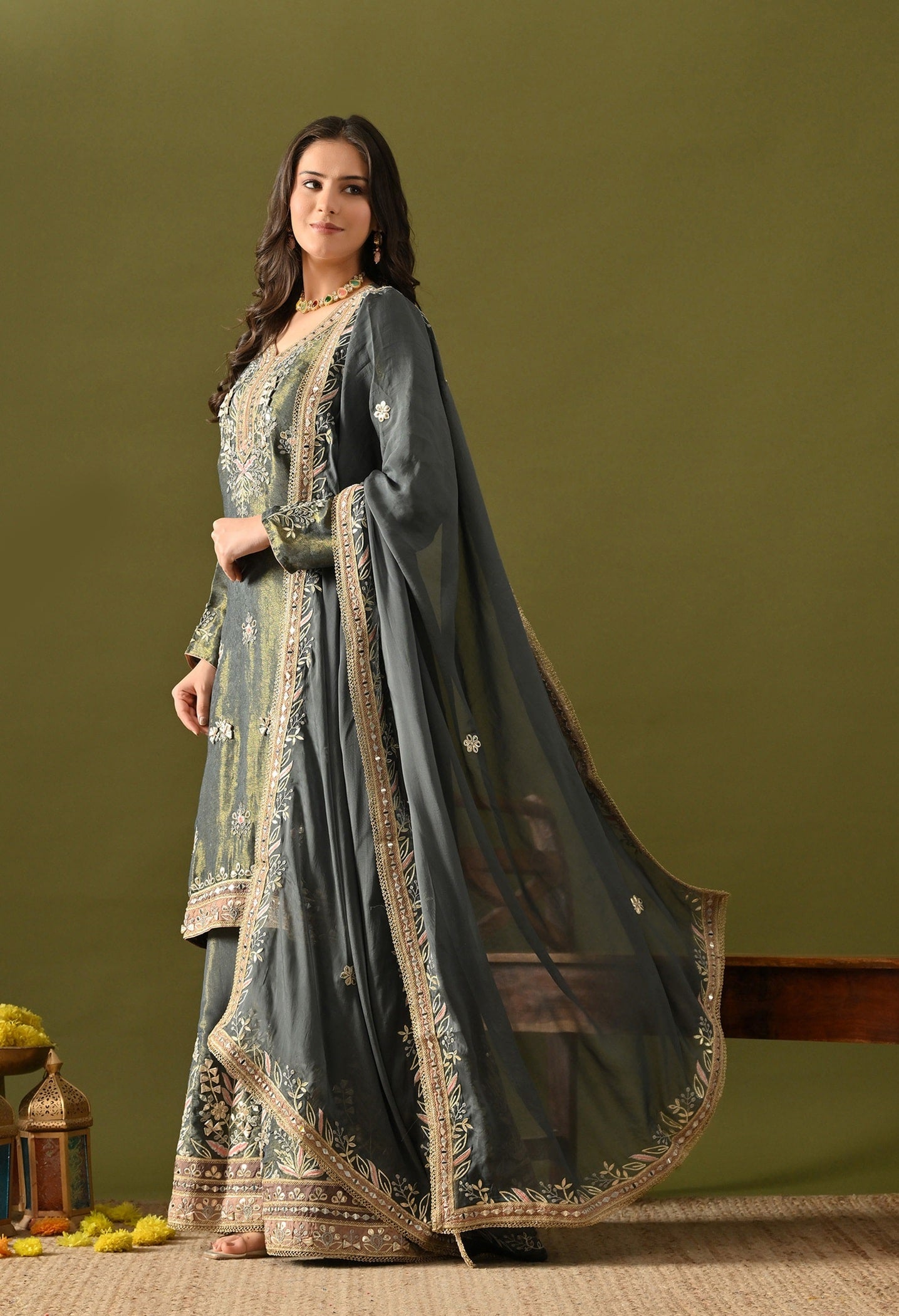 Sea Green Sharara Set with Gotta & Mirror Work