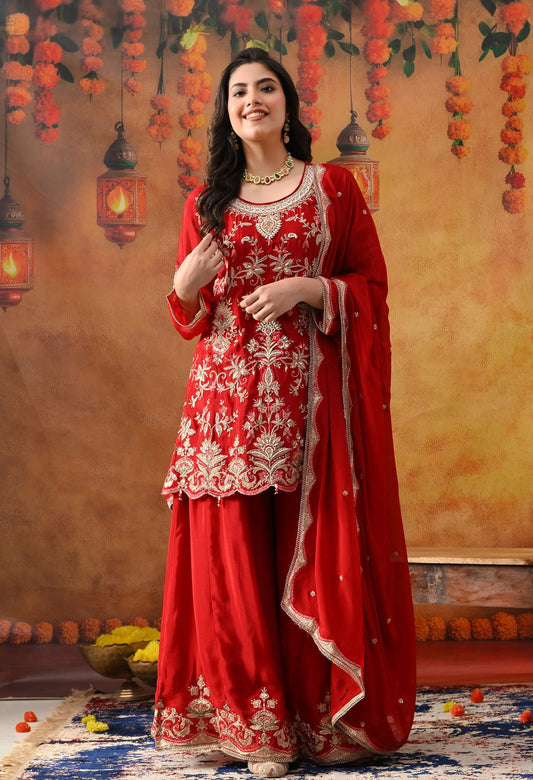 Reddish Maroon Chinon Sharara Set with intricate zardozi, dabka, thread, pearl, sequin, and crystal work, paired with a matching dupatta