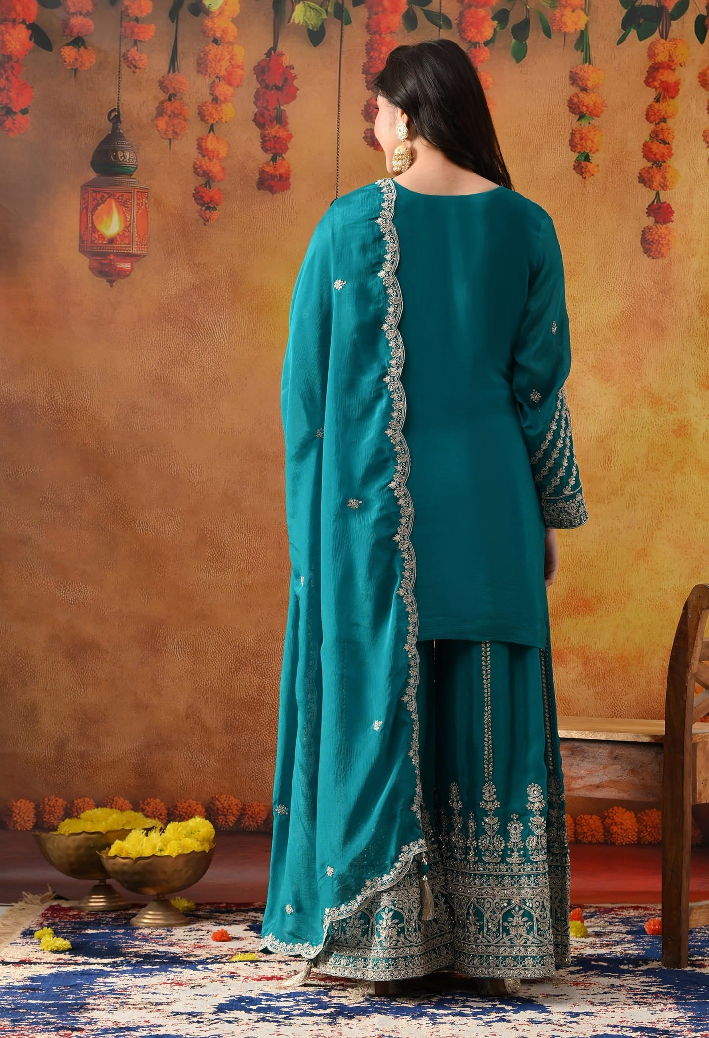 Dark Bluish Green Chinon Sharara Set with intricate zardozi, dabka, crystal, and mirror work, paired with a matching dupatta