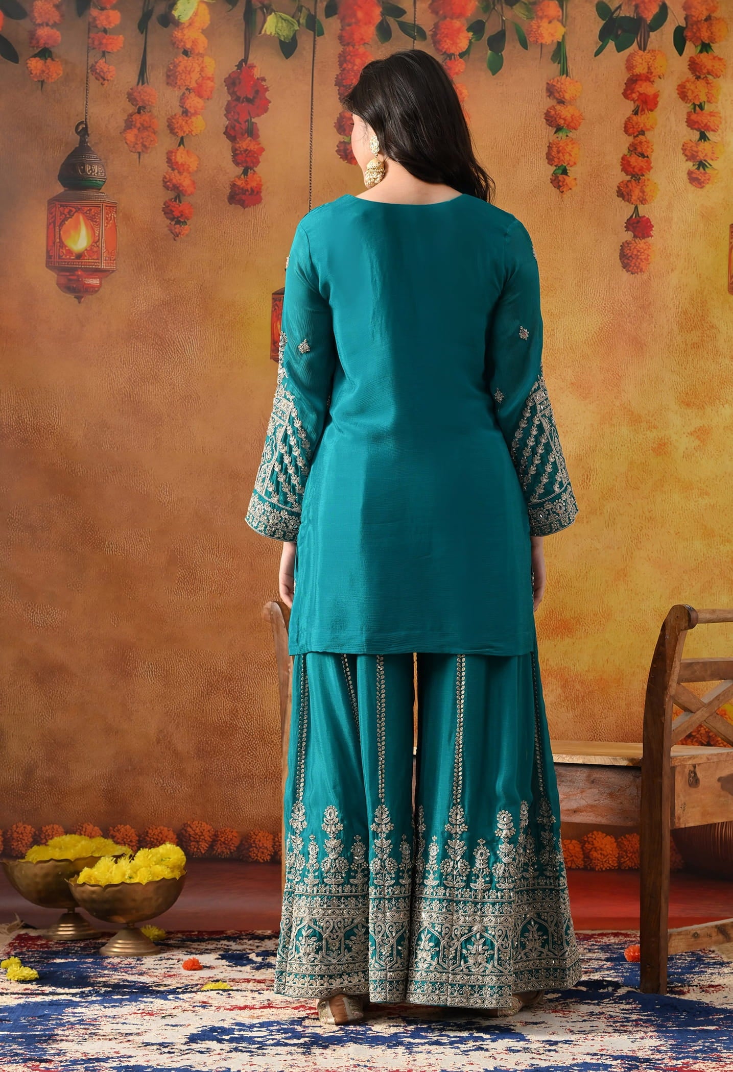 Dark Bluish Green Chinon Sharara Set with intricate zardozi, dabka, crystal, and mirror work, paired with a matching dupatta