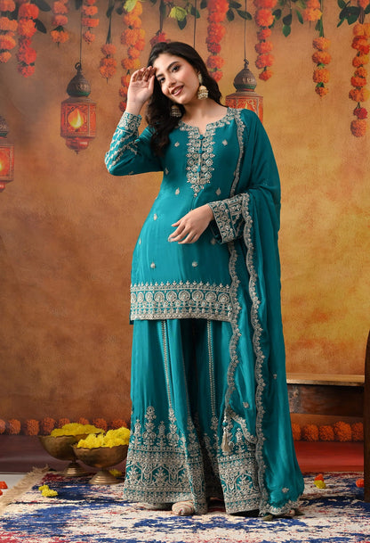 Dark Bluish Green Chinon Sharara Set with intricate zardozi, dabka, crystal, and mirror work, paired with a matching dupatta
