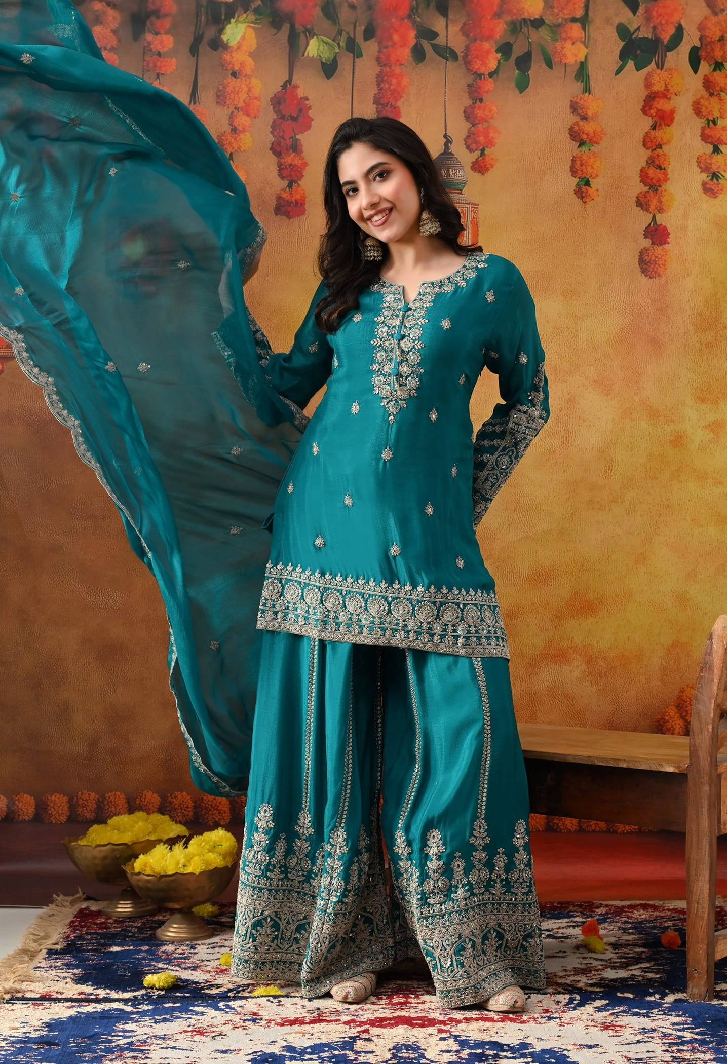 Dark Bluish Green Chinon Sharara Set with intricate zardozi, dabka, crystal, and mirror work, paired with a matching dupatta