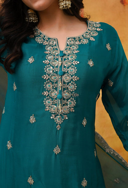 Dark Bluish Green Chinon Sharara Set with intricate zardozi, dabka, crystal, and mirror work, paired with a matching dupatta
