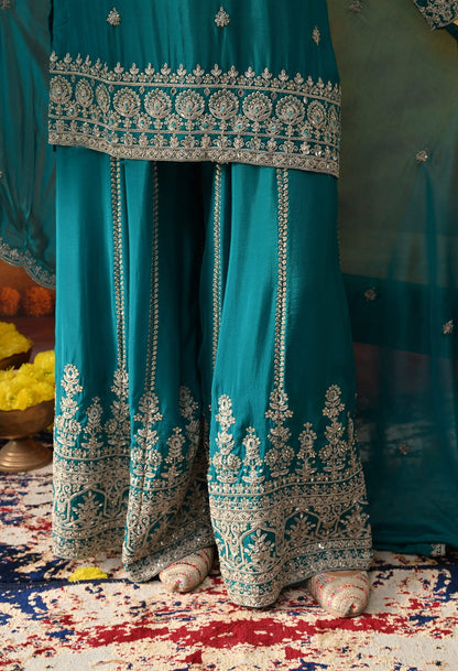 Dark Bluish Green Chinon Sharara Set with intricate zardozi, dabka, crystal, and mirror work, paired with a matching dupatta