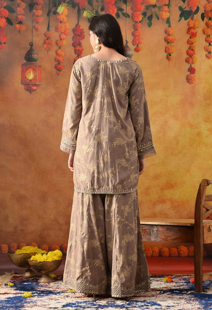 Wood Brown Cotton Silk Sharara Set with intricate sequin and zardozi work, paired with a net dupatta