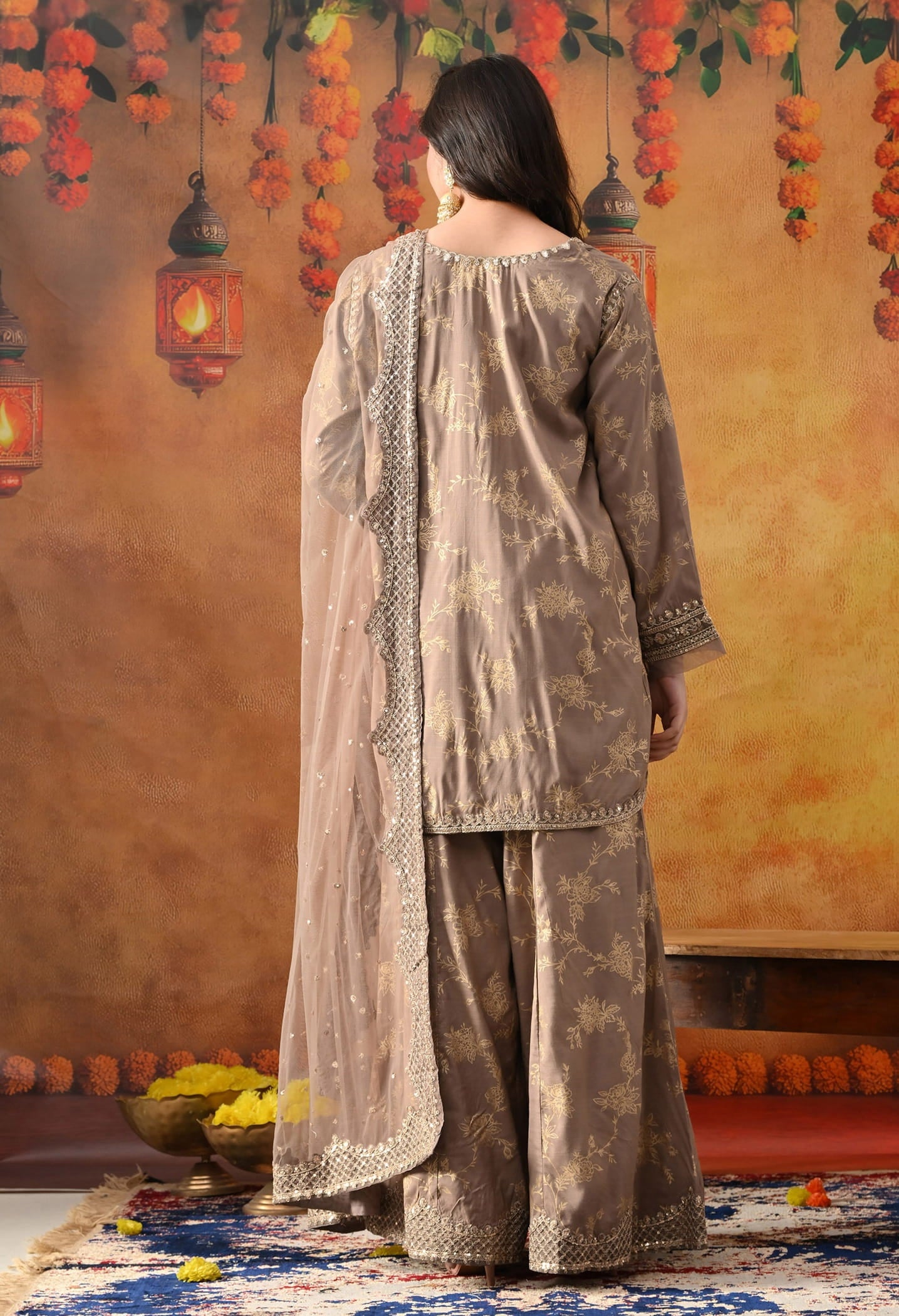 Wood Brown Cotton Silk Sharara Set with intricate sequin and zardozi work, paired with a net dupatta