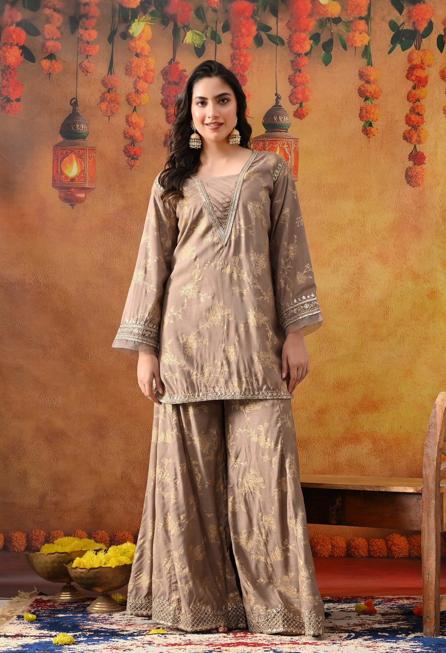 Wood Brown Cotton Silk Sharara Set with intricate sequin and zardozi work, paired with a net dupatta