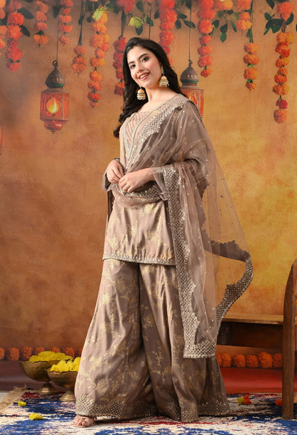Wood Brown Cotton Silk Sharara Set with intricate sequin and zardozi work, paired with a net dupatta
