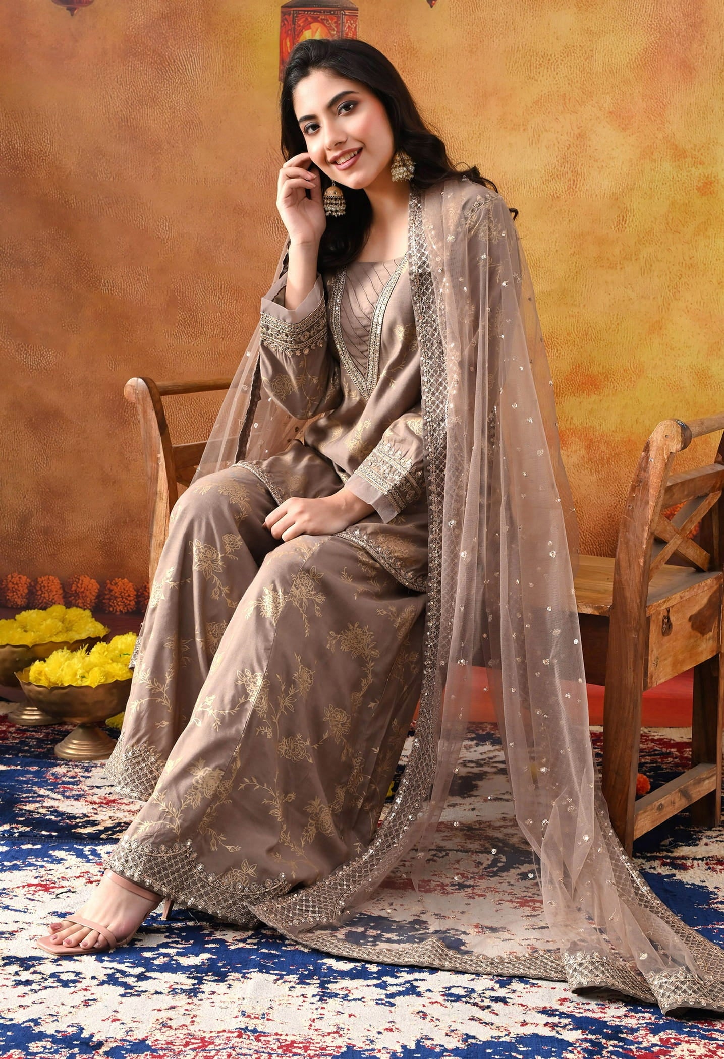 Wood Brown Cotton Silk Sharara Set with intricate sequin and zardozi work, paired with a net dupatta