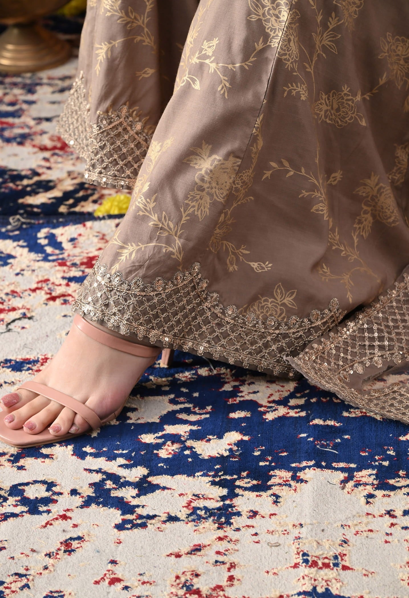 Wood Brown Cotton Silk Sharara Set with intricate sequin and zardozi work, paired with a net dupatta